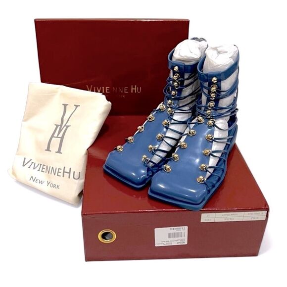 VHNY Shoes - VHNY Vivienne Hu Cobalt Studded Leather Straps Ankle Boots Size 7 (EU 37)